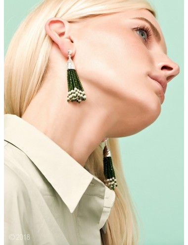 Emerald jade and white freshwater pearl tassel earrings