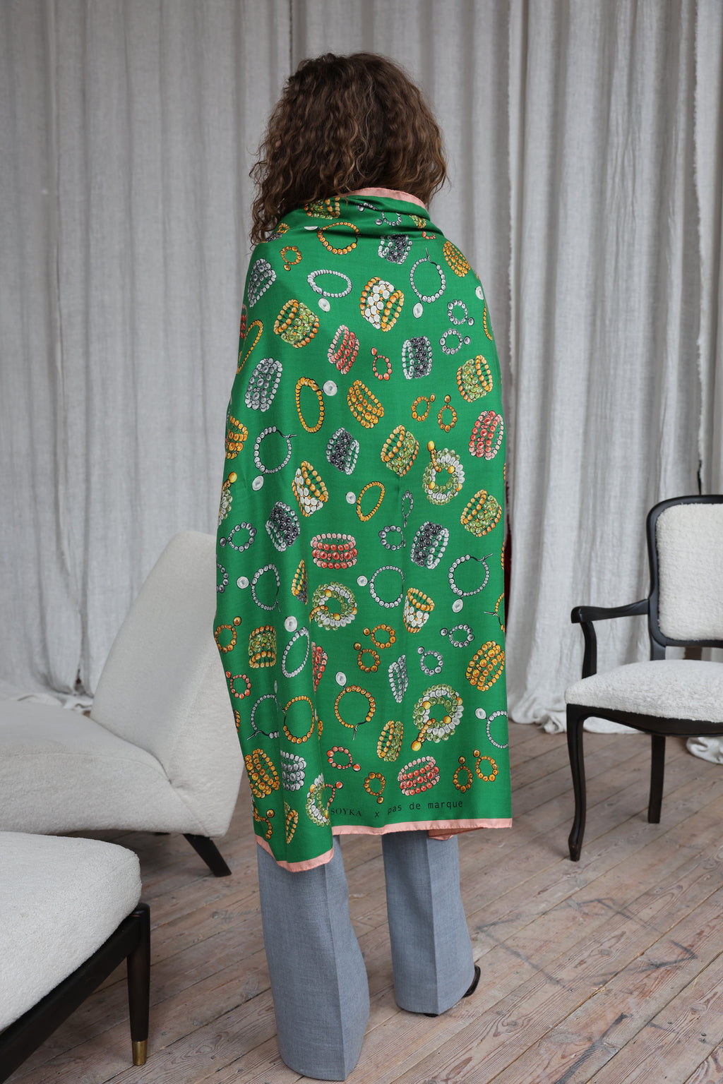 Green square cashmere and silk scarf Trésor - large