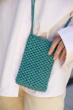 Dark turqoise raffia phone bag La Gaufre