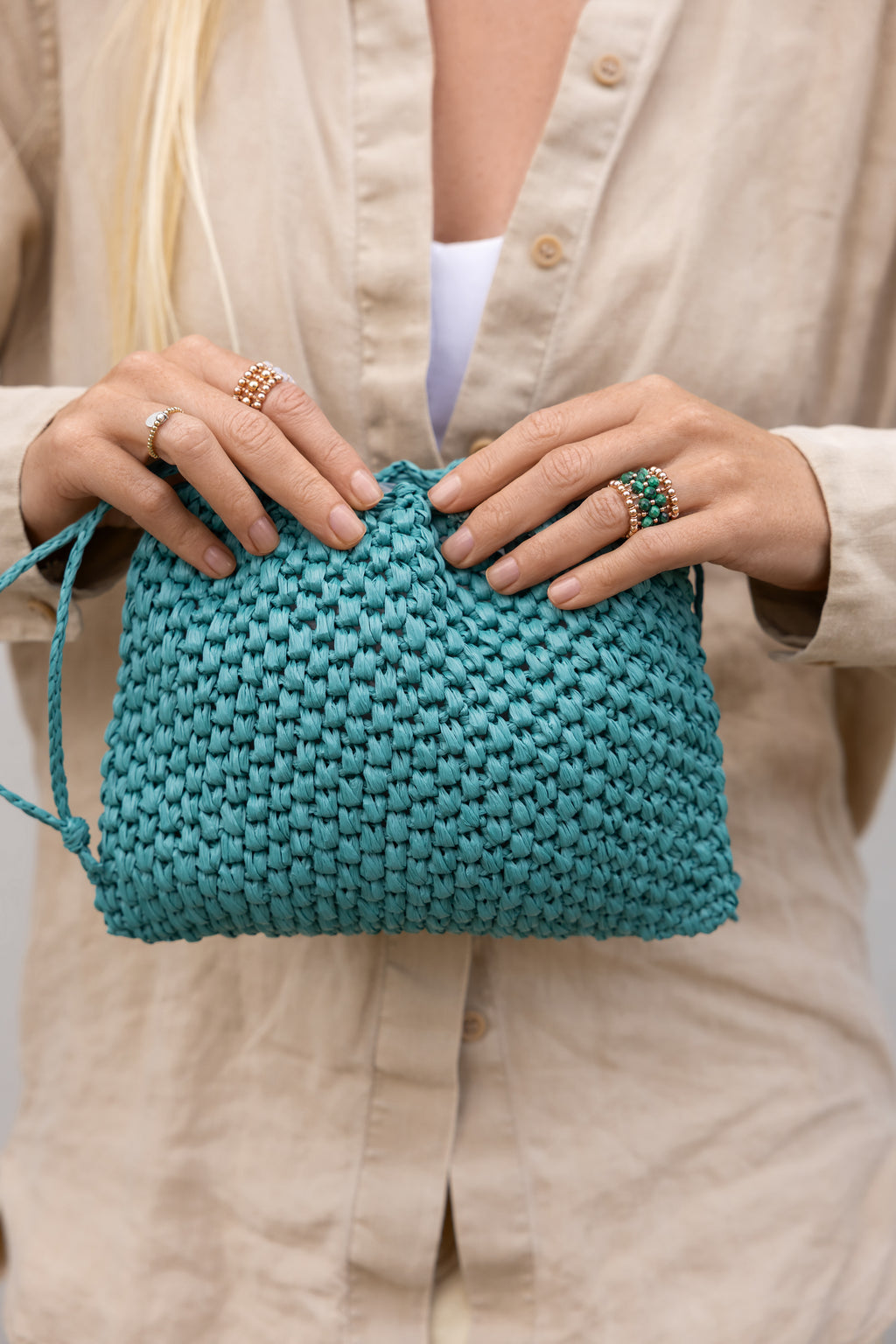 Dark turqoise raffia pouch La Poche Petite