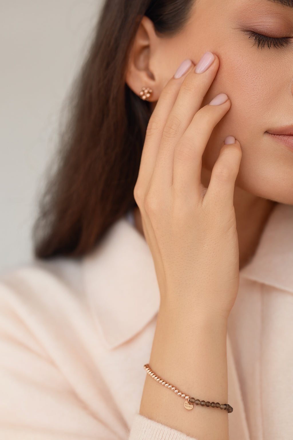 Rose gold-filled smoky quartz stretch bracelet Duo