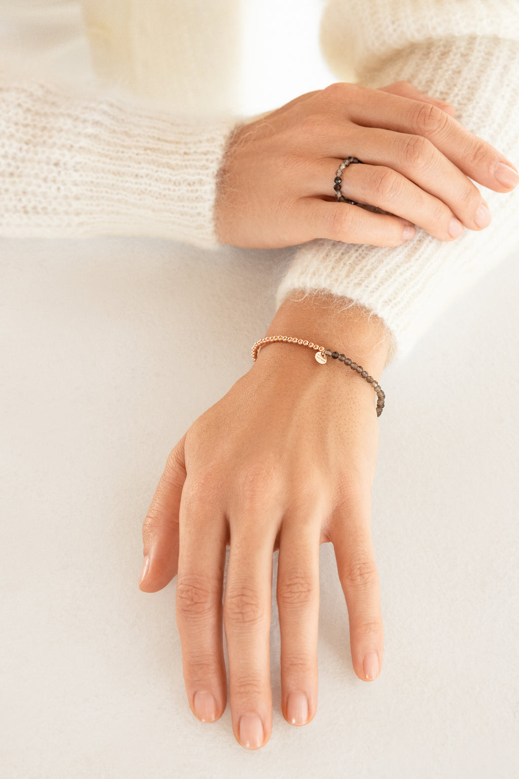 Rose gold-filled smoky quartz stretch bracelet Duo