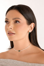 Gold-filled white freshwater pearl, malachite earrings Cube Sauvage