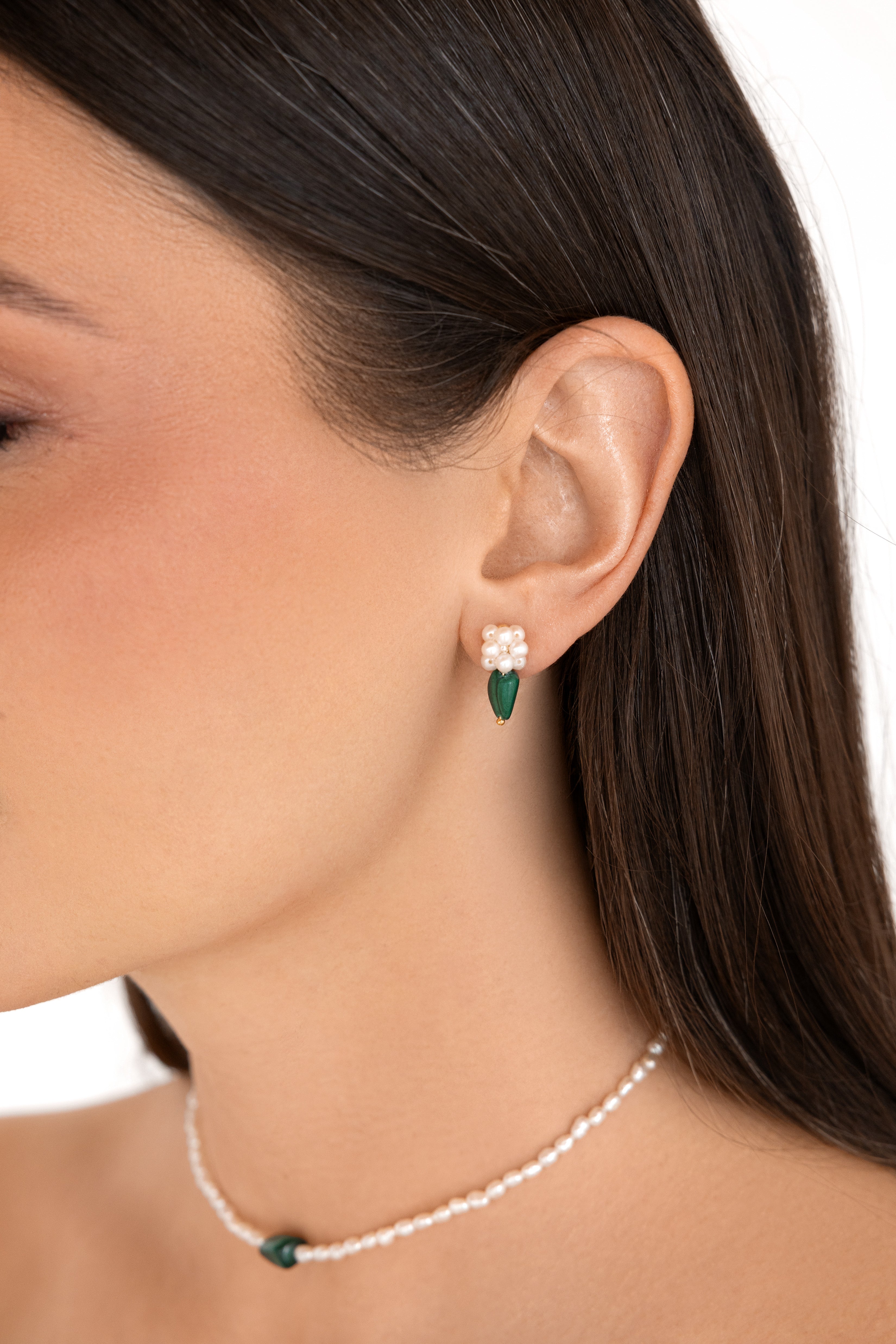 Gold-filled white freshwater pearl, malachite earrings Cube Sauvage