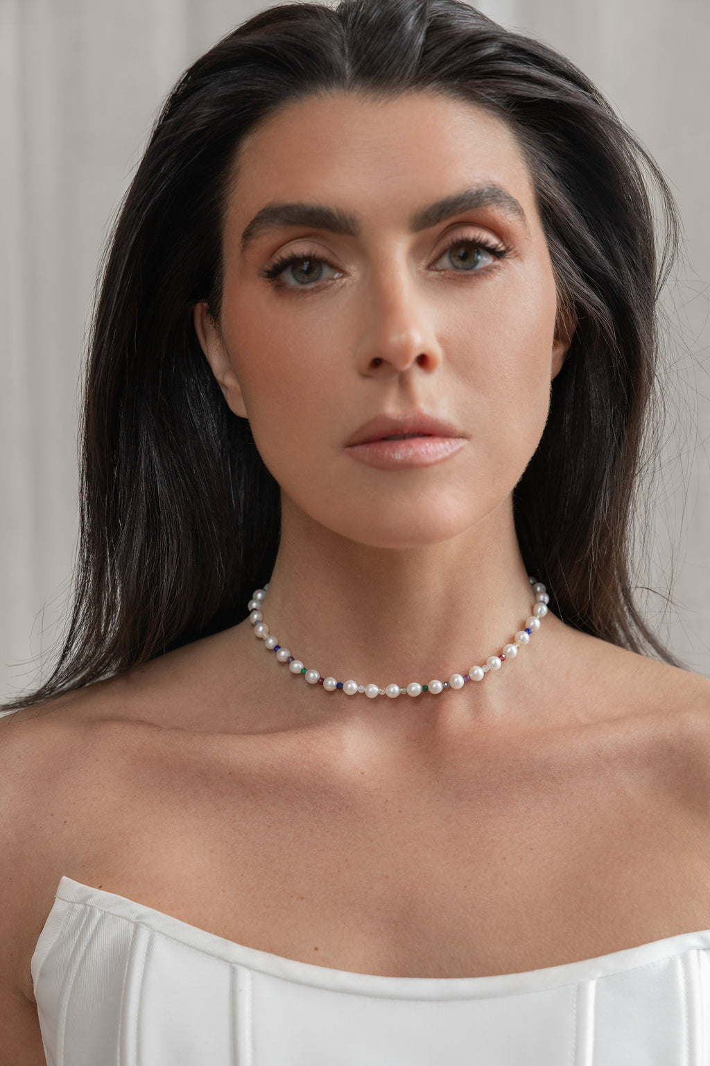 925 sterling silver freshwater pearl, multi-stone choker Couleurs