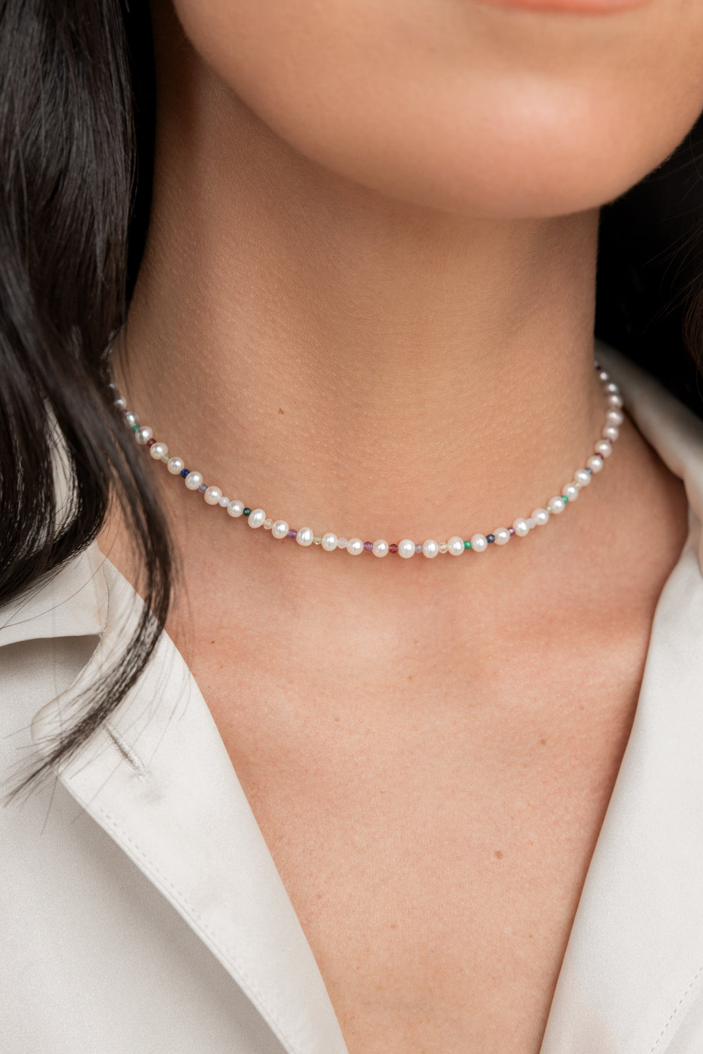 925 sterling silver freshwater pearl, multi-stone choker Couleurs Mini
