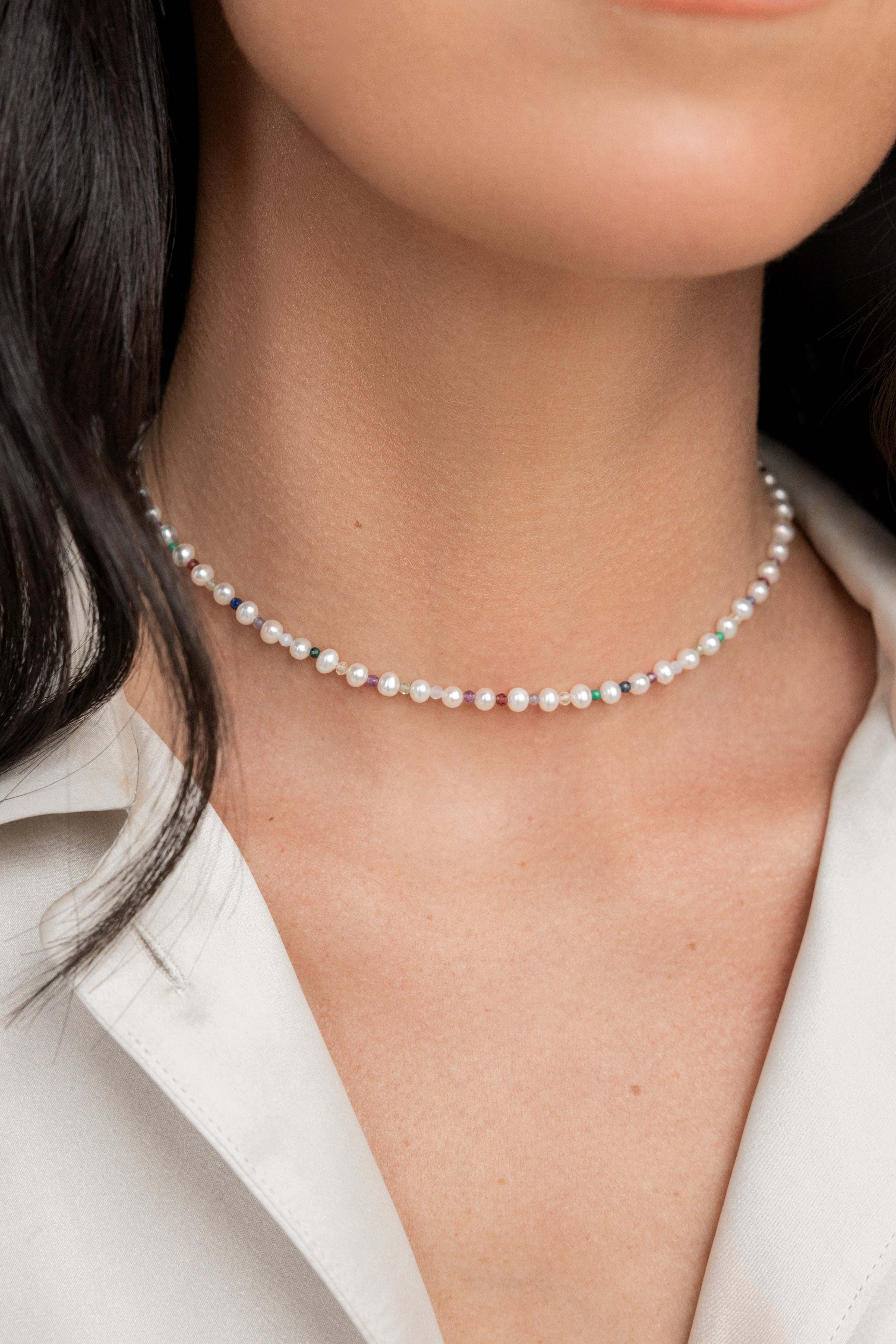 925 sterling silver freshwater pearl, multi-stone choker Couleurs Mini