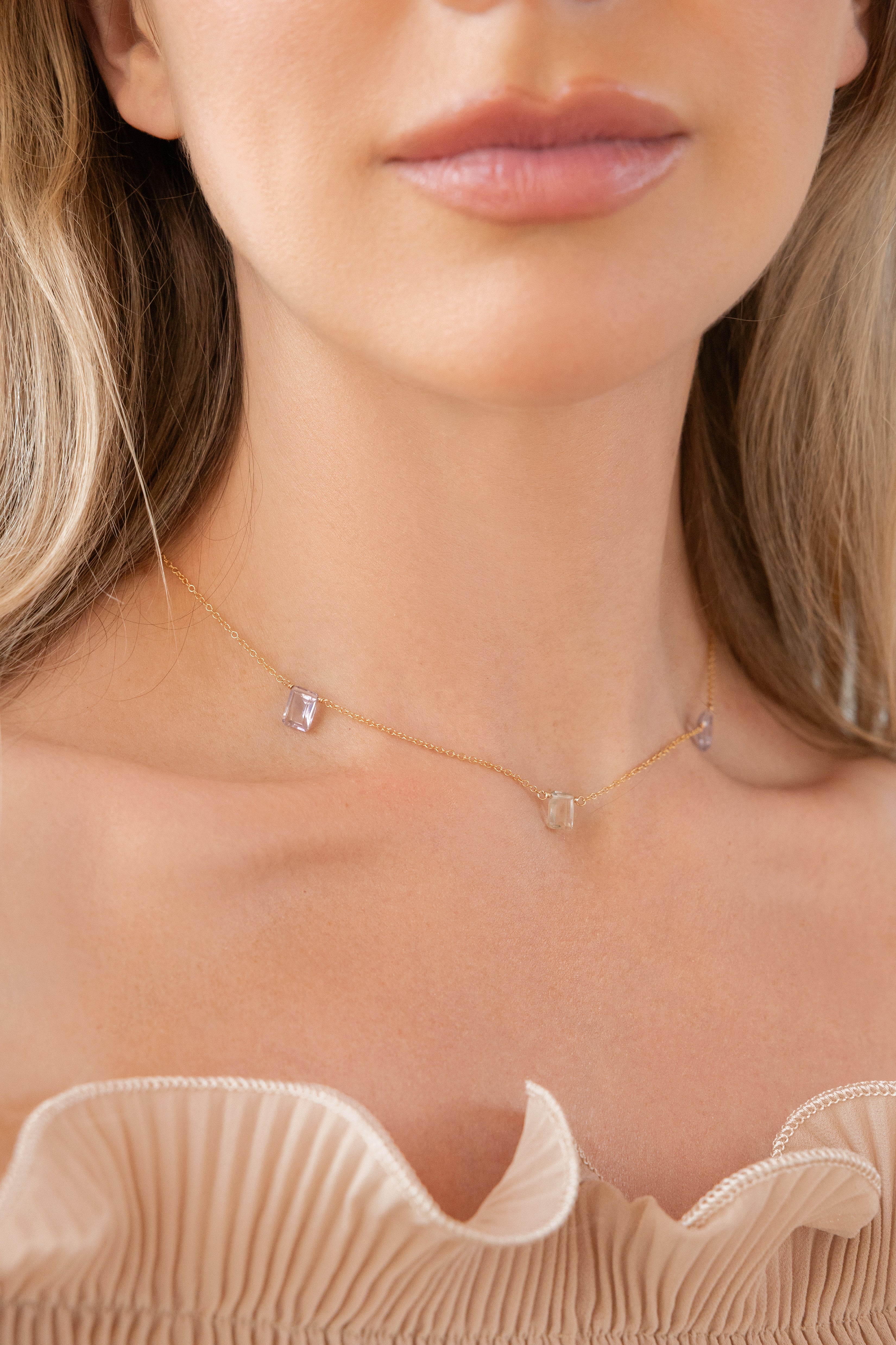 Gold-filled, green amethyst, rose quartz, pink amethyst necklace Briolette