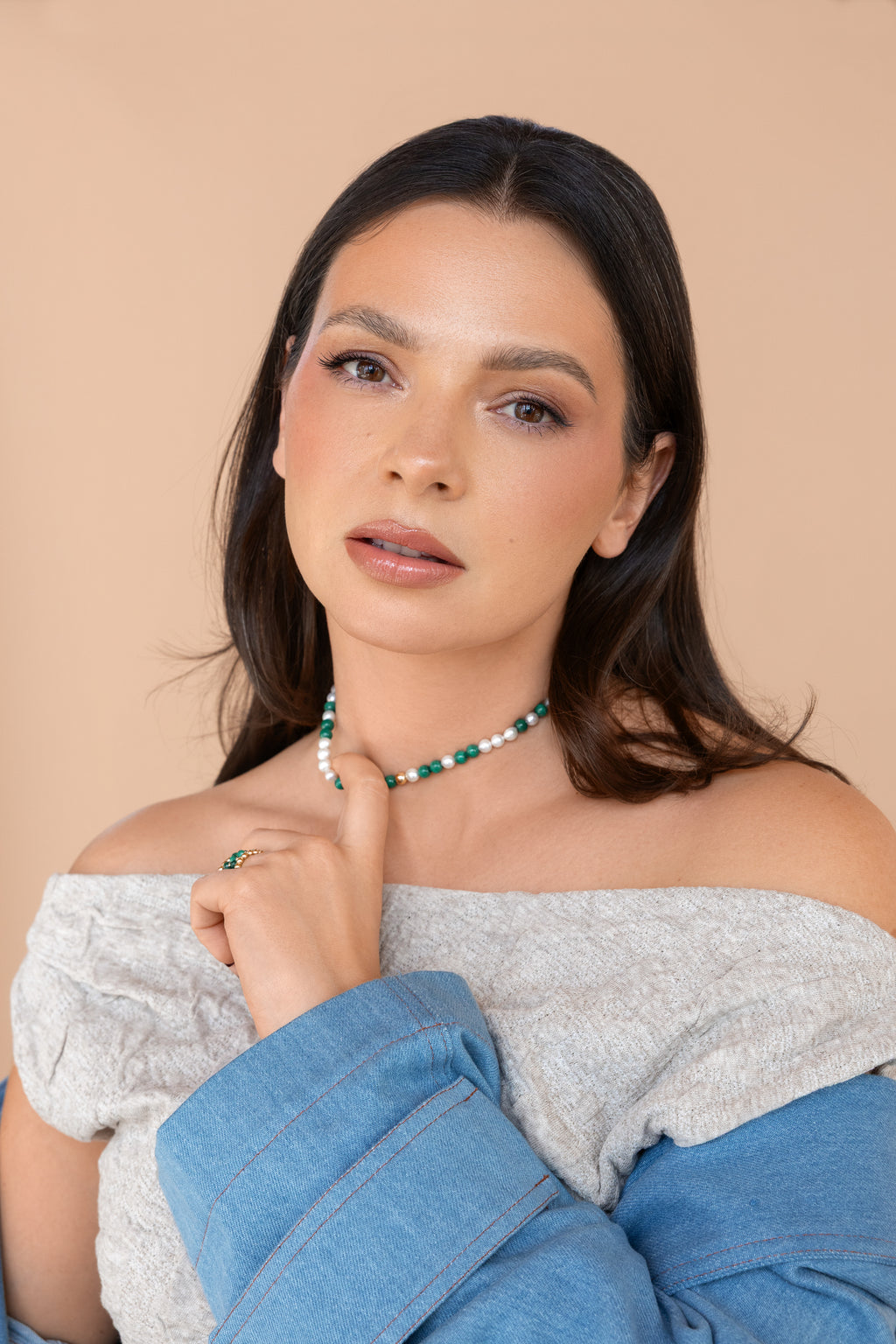Gold-filled malachite, freshwater pearl choker Le Galet