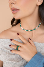 Gold-filled malachite, freshwater pearl choker Le Galet