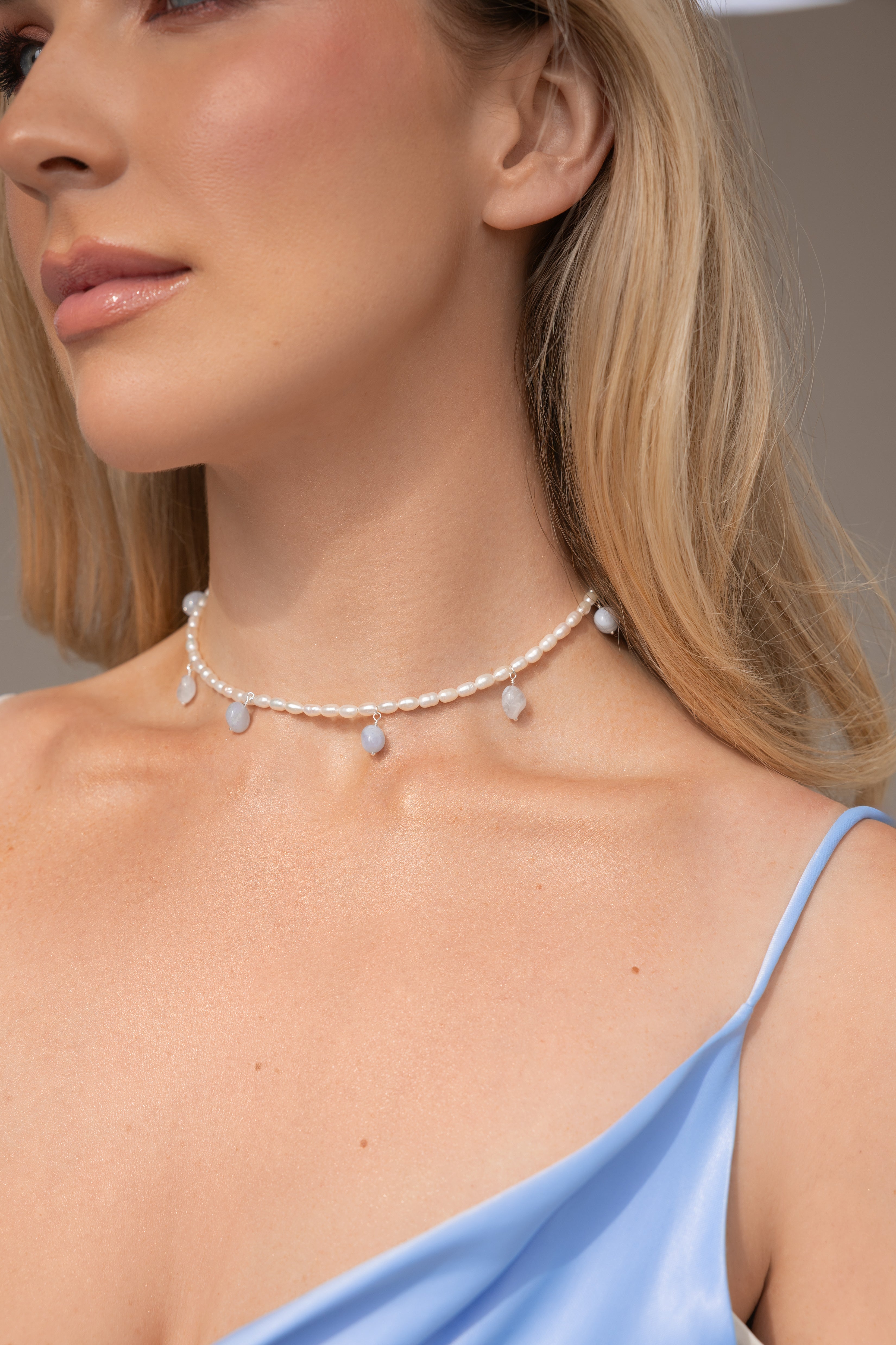 925 sterling silver white freshwater pearl, blue lace agate necklace Sauvage